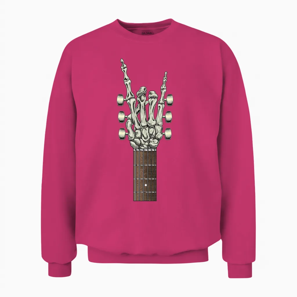 Rock on Skeleton Hand Guitar Gifts Men Graphic Tee Rock Band Unisex Sweatshirt in Heliconia