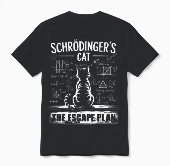 Schrödinger's Cat Funny Escape Science Plan Design Unisex T-Shirt in Black