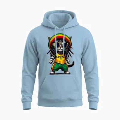 Jameowca Cool & Funny Jamaican Rasta Reggae Cat T-Shirt, Black, S Unisex Hoodie - Light Blue