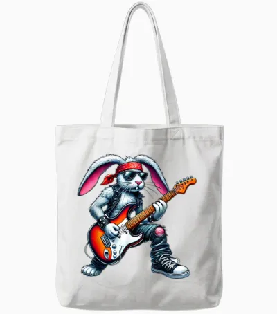 Cute Punk Rabbit Rock 'n Roll Gothic Guitar Kids Rock Star T-Shirt, Black Tote Bags - White