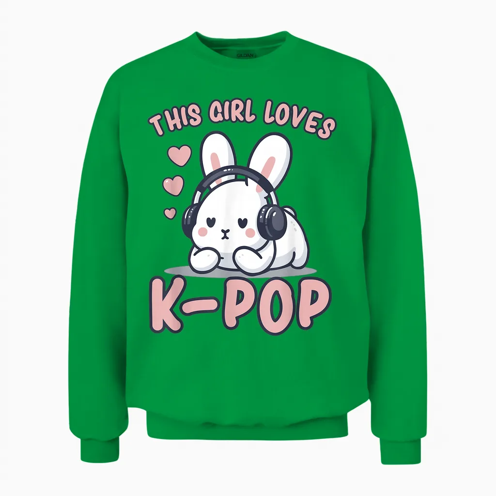 K-Pop | This Girl Loves K-Pop | Rabbit K-Pop for Girls T-Shirt, Black Unisex Sweatshirt in Irish Green