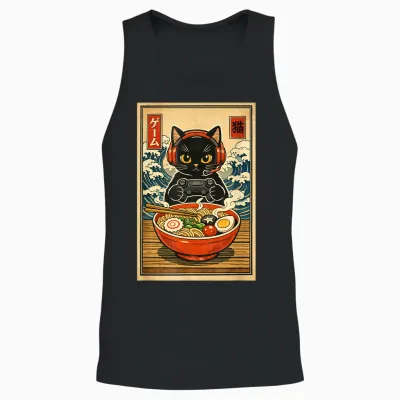 Kawaii Gamer Cat Funny Ramen Retro Cute Japanese Cat Gaming Unisex Tank Top - Black