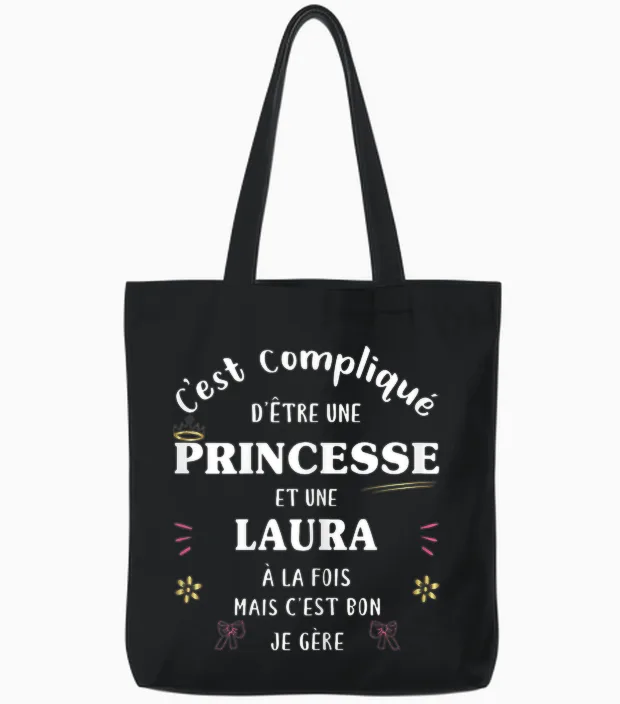 Women's Princess Humour Gift Personalised Name Laura T-Shirt, Black, Female X-Small Tote Bags in Black