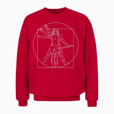 Punk Rock Star Vitruvian Man with Electric Guitar T-Shirt, Black Unisex Sweatshirt - Red