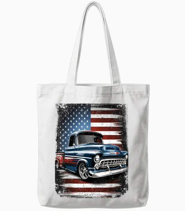 Classic Old Pickup Truck American Flag 4th of July Patriotic Tote Bags in White
