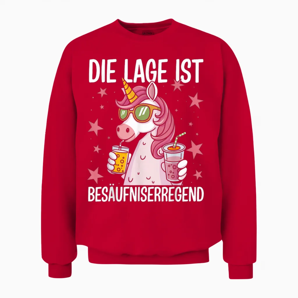 Die Lage Ist Besäufniserregend Funny Saying Party Outfit T-Shirt, Black Unisex Sweatshirt in Red