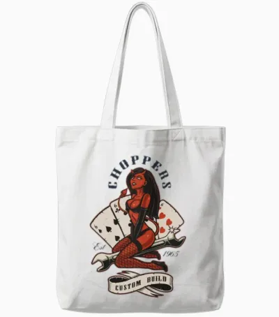 Chopper Biker Devil Pin Up Girl Tote Bags - White