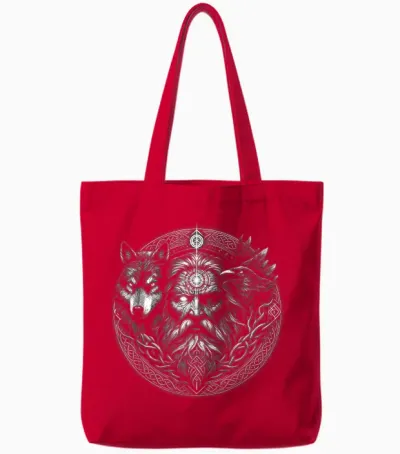 Viking Valhalla Krieger Normanne Runenkreis Götter Odin Dead Animals Raven Wolf Runes Circle Viking T-Shirt, Black, S, Unisex Adult, Women, Short Sleeve, Polo, Regular Fit, Classic, 1 Count Tote Bags - Red