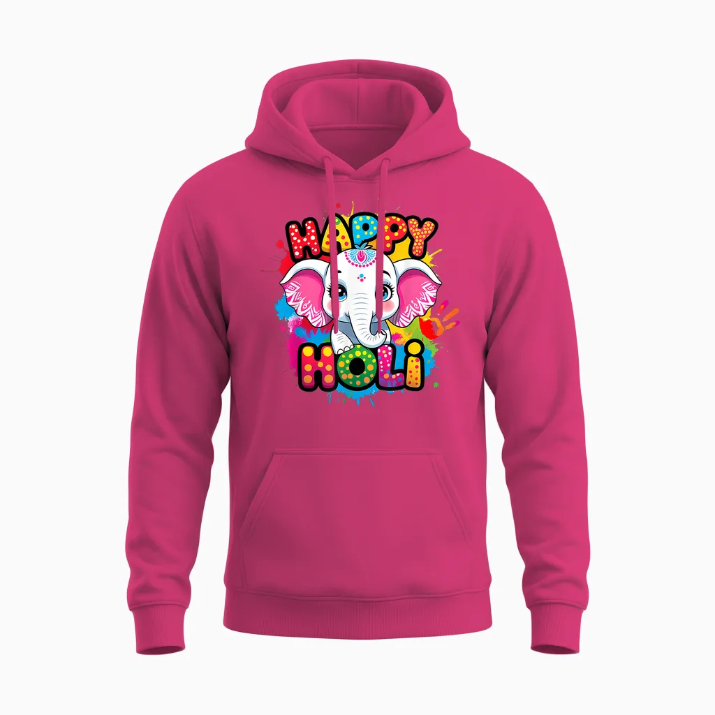 Happy Holi Kids Boys Toddler Girl India Hindu Color Elephant Unisex Hoodie in Heliconia