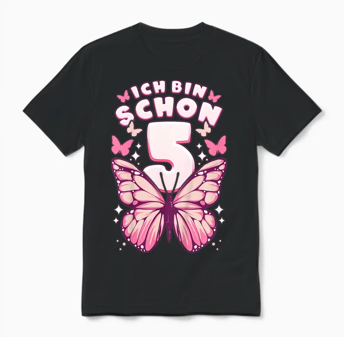 Geburtstag Mädchen 5 Jahre, Schmetterlinge Und Nummer 5 Unisex T-Shirt in Black