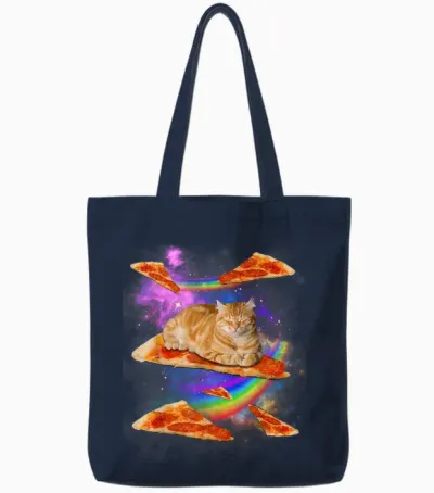 Funny Galaxy Cat in Space, Cat Riding Pizza Tote Bags - Navy