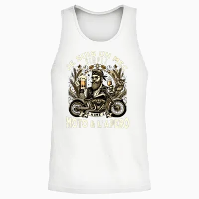 Gift Fan Motorcycle and Aperitif Biker Humour Alcohol Funny T-Shirt, Black, S Unisex Tank Top - White