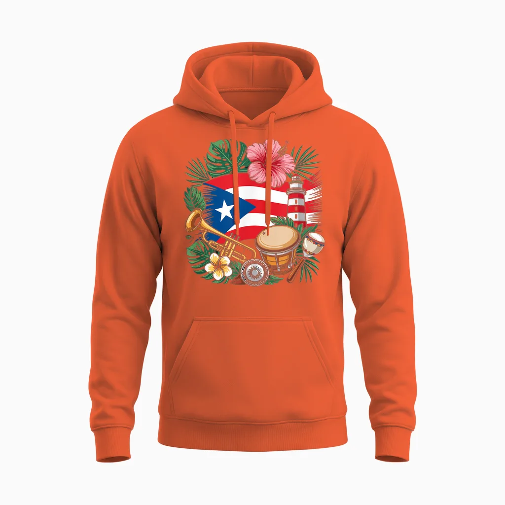 Puerto Rico Boricua Coqui Frog Taino Sun Puerto Rican Unisex Hoodie in Orange