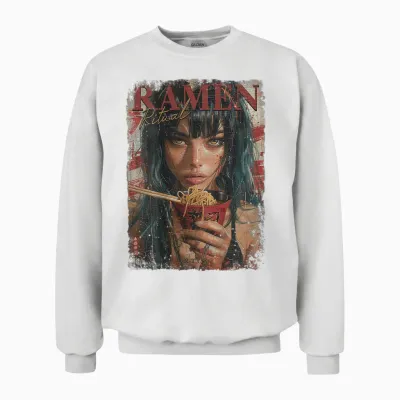 Backprint Pin-Up Girl Ramen Noodle Anime Manga Asian Ramen T-Shirt, Black Unisex Sweatshirt - White