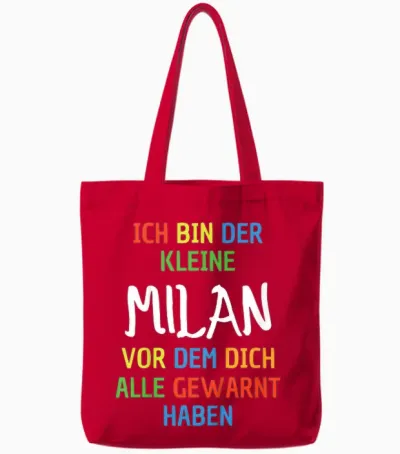 Children's Name Milan T-Shirt with German Text "ich Bin Der Kleine Milan, Black Tote Bags - Red