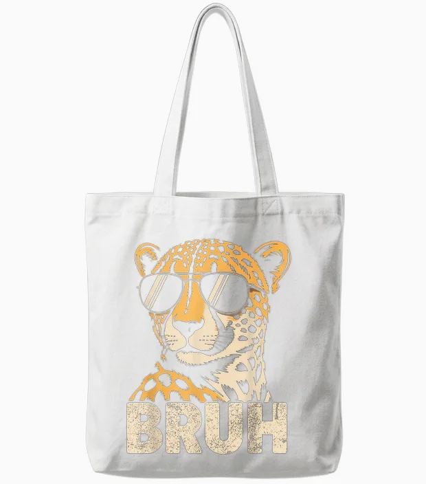 Bruh Cheetah Meme Graphic Tee Men Boys Animal Print Tote Bags in White