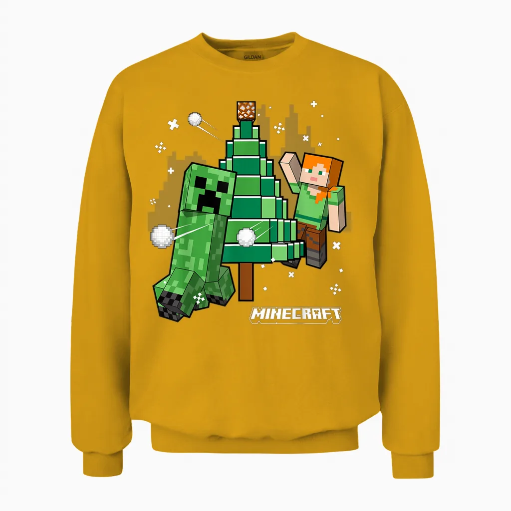 Minecraft Christmas Tree Snowball Fight with Alex Unisex Sweatshirt in Gold