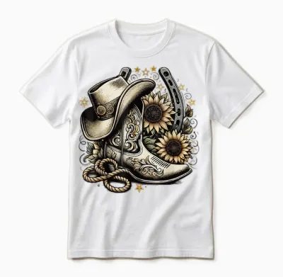 Western Cowboy Boot Horseshoe Shape Sunflower Rope Cowgirl Country T-Shirt, Black, S Unisex T-Shirt - White