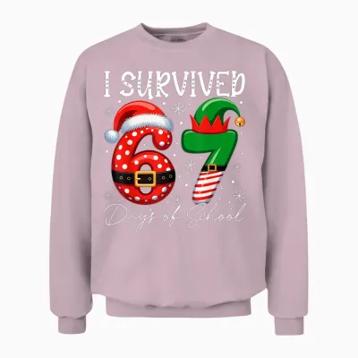 I Survived 67 Day of School Funny 67 Xmas Santa Elf Hat Meme Unisex Sweatshirt - Light Pink