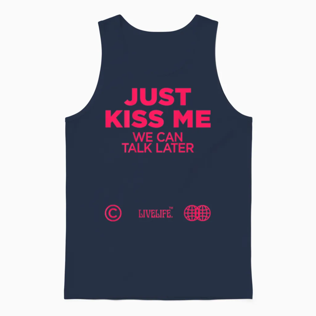 Just Kiss Me We Can Talk Later Love Valentine's Day Backprint T-Shirt, White Unisex Tank Top in Navy