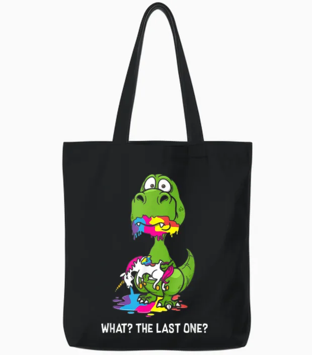 The Last Unicorn Cute Dino What? Dino Eating Unicorn Tote Bags in Black