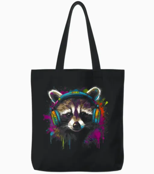 Raccoon Music Headphones Colourful Animal Motif Art Raccoon T-Shirt, Black Tote Bags - Black
