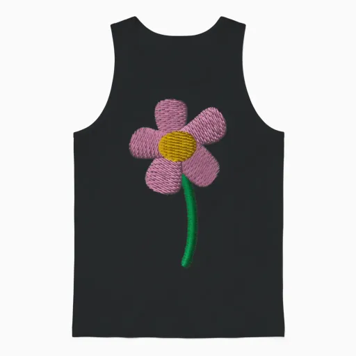 Pink Flower Embroidered - Floral & Botanical Unisex Tank Top in Black