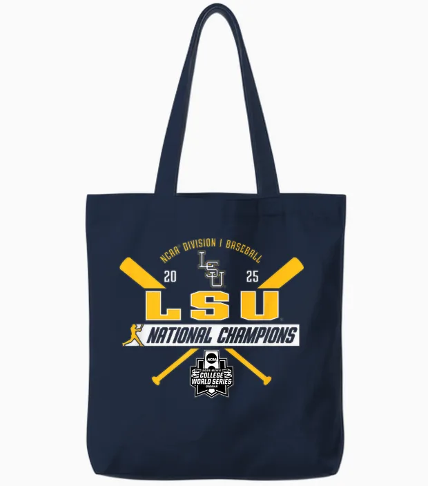 Lsu Tigers Baseball National Champs 2025 Mcws Title Purple Tote Bags in Navy