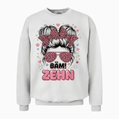 Kids Birthday 10 Girls Messy Bun Bäm Tenth 10 Years Old Unisex Sweatshirt - White