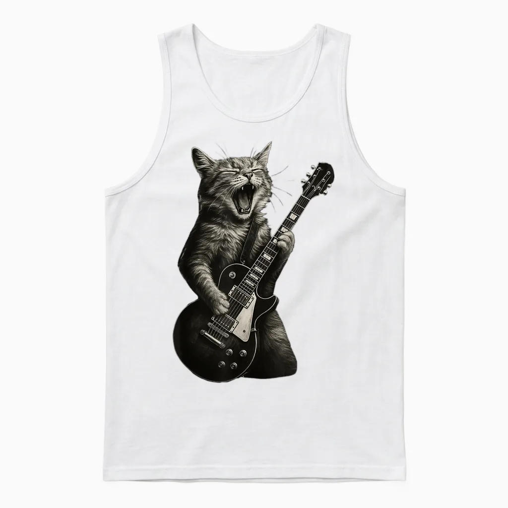 Cat Playing Guitar Rock Funny Unisex Tank Top in White