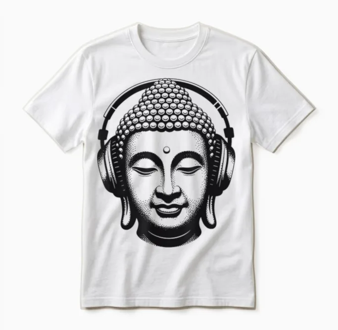 Buddha Mit Kopfhörern Achtsamkeit Musik Boho Zen Buddhismus Unisex T-Shirt in White