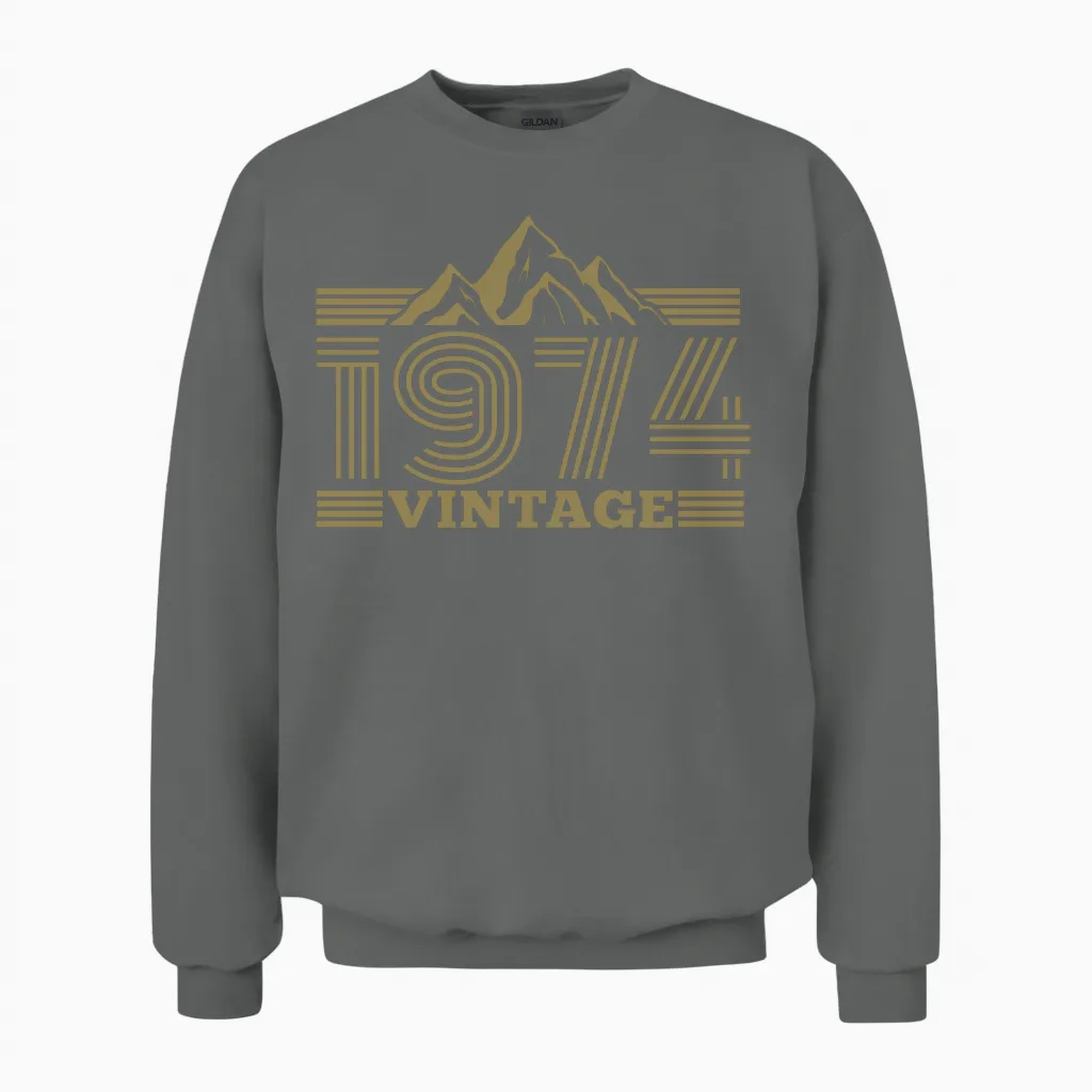Vintage 1974 Birthday Mountains Hiking Climbing Unisex Sweatshirt in Graphite Heather
