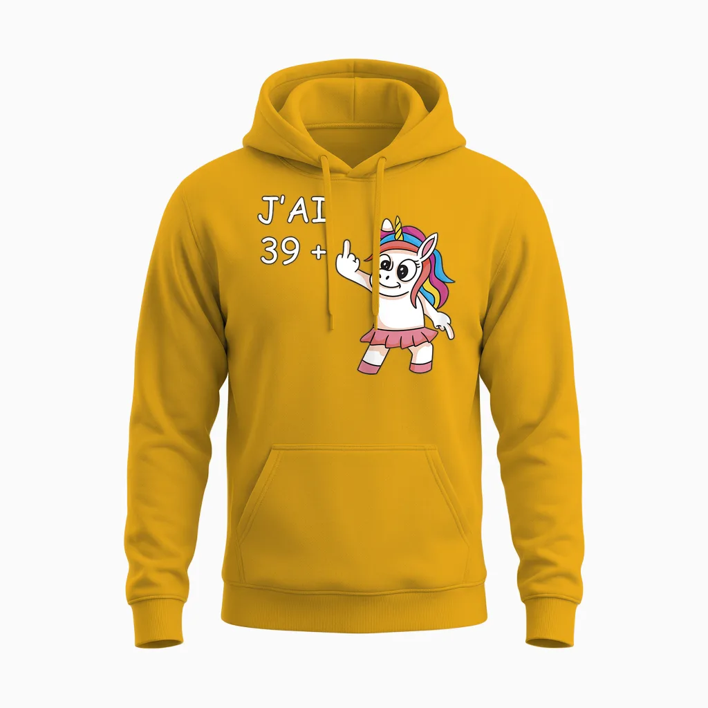 J'ai 39 Plus 1 Unicorn Humour Anniversaire Femme 40 Ans Unisex Hoodie in Gold