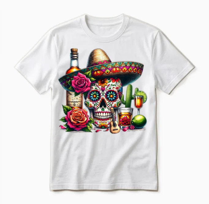 Mexican Skull Hat Tequila Guitar Cinco De Mayo Unisex T-Shirt in White