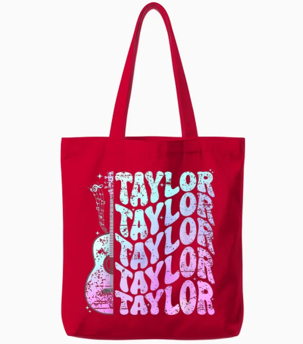 Girl Retro Taylor First Name Personalized Groovy 80's Pink Tote Bags in Red