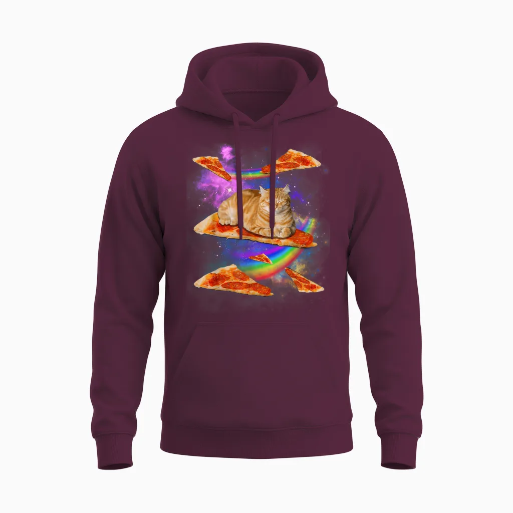 Funny Galaxy Cat in Space, Cat Riding Pizza Unisex Hoodie in Maroon