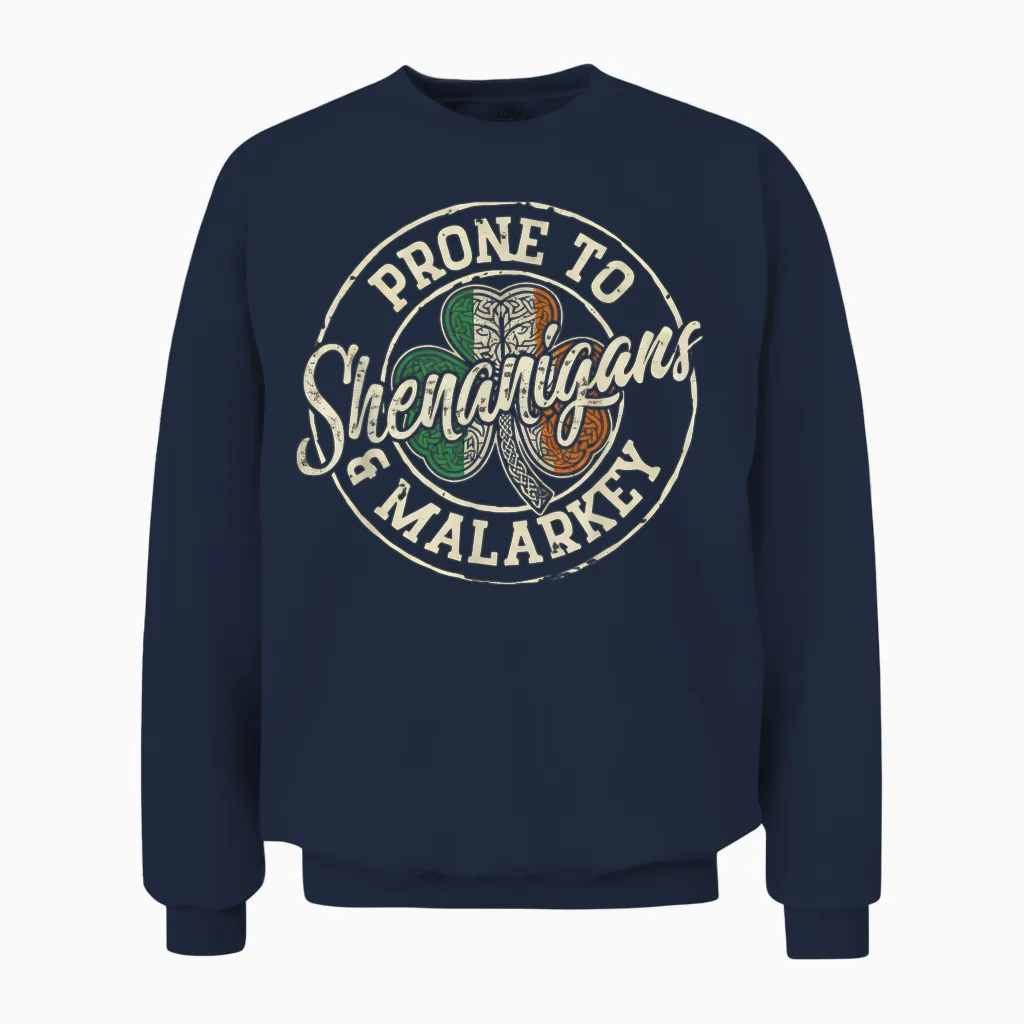 Funny St Patricks Day Prone to Shenanigans and Malarkey Unisex Sweatshirt in Navy