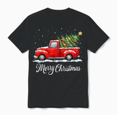 Vintage Merry Christmas Red Truck Old Fashioned Christmas Unisex T-Shirt - Black