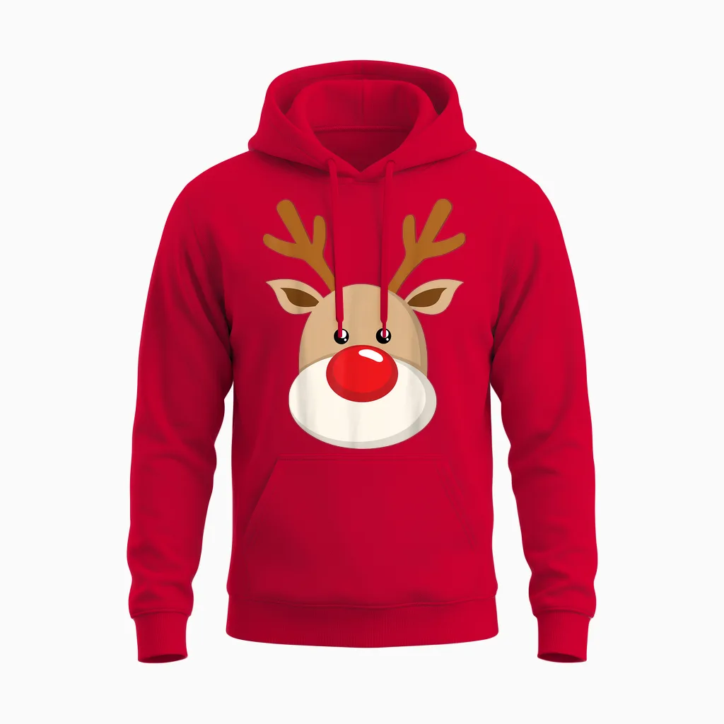 Cute Reindeer Rudolph Red Nose Christmas Antlers Unisex Hoodie in Red