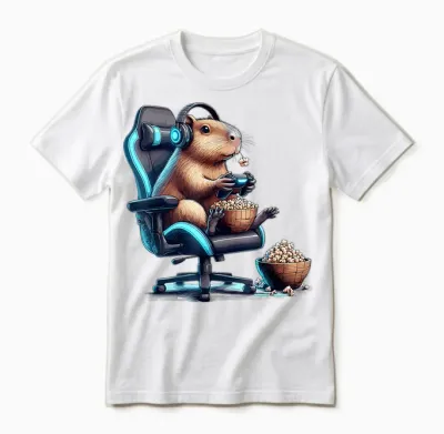 Capybara Gaming Controller Headset with Popcorn Animal Motif T-Shirt, Black Unisex T-Shirt - White