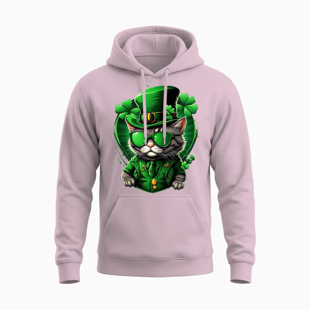 St Patricks Day Cat Men Women Boys Girls Clover Irish Cats Unisex Hoodie in Light Pink