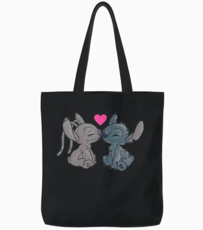 Disney Lilo & Stitch Valentine's Day Stitch & Angel Couple T-Shirt, White, S Tote Bags - Black