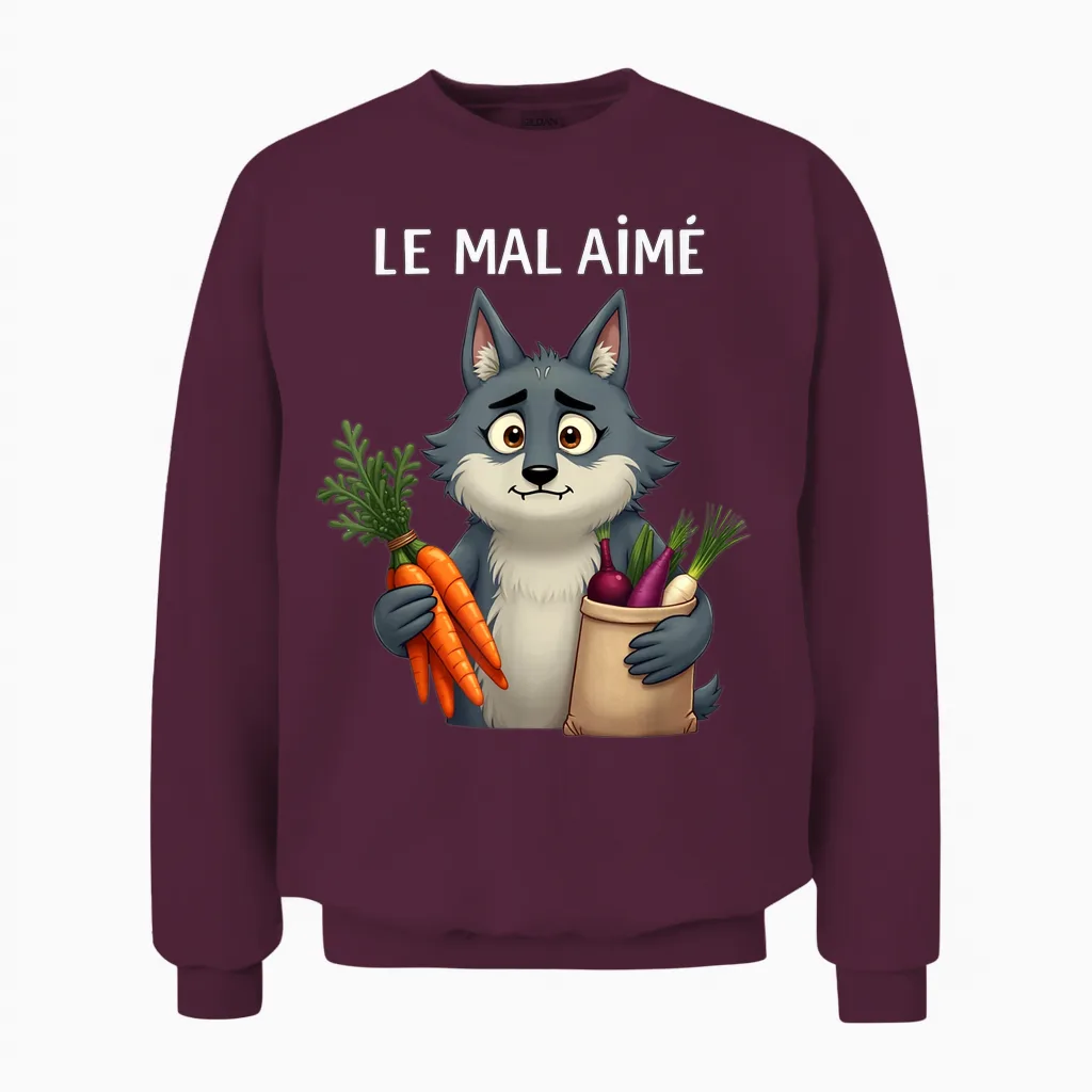 Le Mal AimΓ© Un Wolf Who Eats Vegetables to Have Friends Unisex Sweatshirt in Maroon