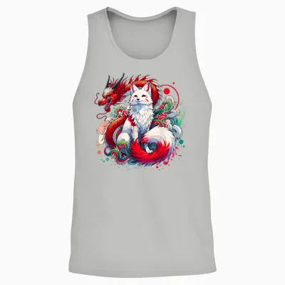 Dragon Kitsune Japanese Fox Nine-Tailed T-Shirt, Black, S Unisex Tank Top - Ash