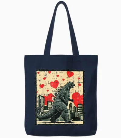 Valentines Day Japanese Monster Hearts Kaiju Men Women Tote Bags - Navy