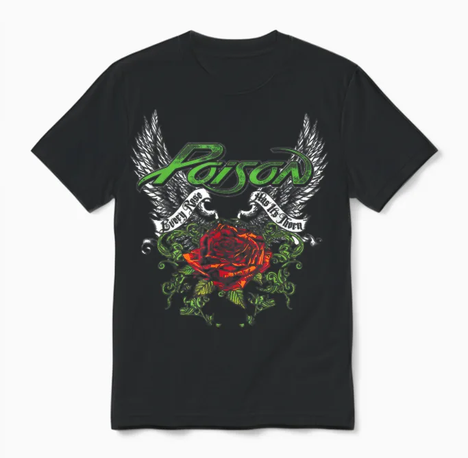 Poison Band Thorns & Wings Black T-Shirt - Classic Fit, Crew Neck, Short Sleeve, Adult, Casual Unisex T-Shirt in Black