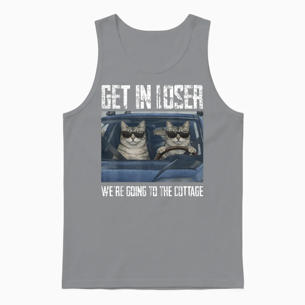 Get in Loser Were Going to the Cottage Funny Cat Meme Unisex Tank Top in Sport Grey