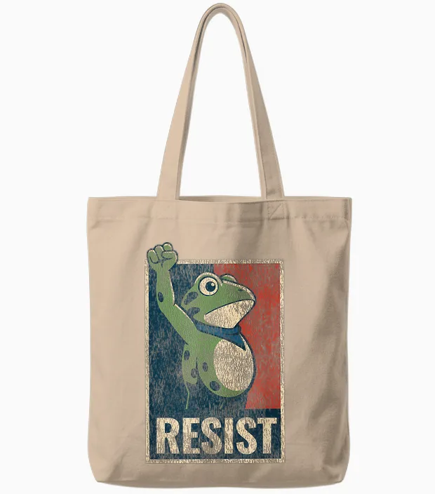 Portland Frog Protest Resist Raised Fist Distressed Retro Tote Bags in Natural