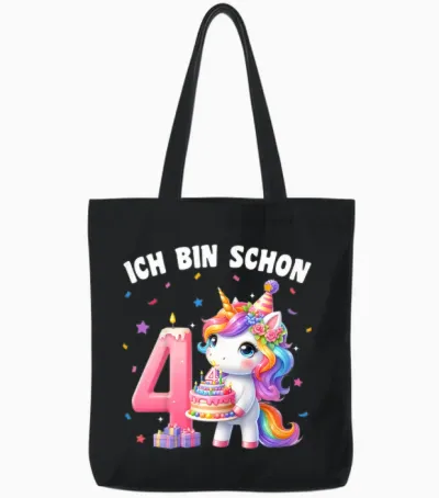 Children's 4th Birthday Girl 4 Years Unicorn Party Outfit Unicorn T-Shirt, Black Tote Bags - Black