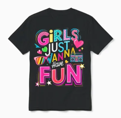 Funny Girls Just Wanna Have Fun Awesome 70s 80s 90s 1980s T-Shirt, Black, S Unisex T-Shirt - Black